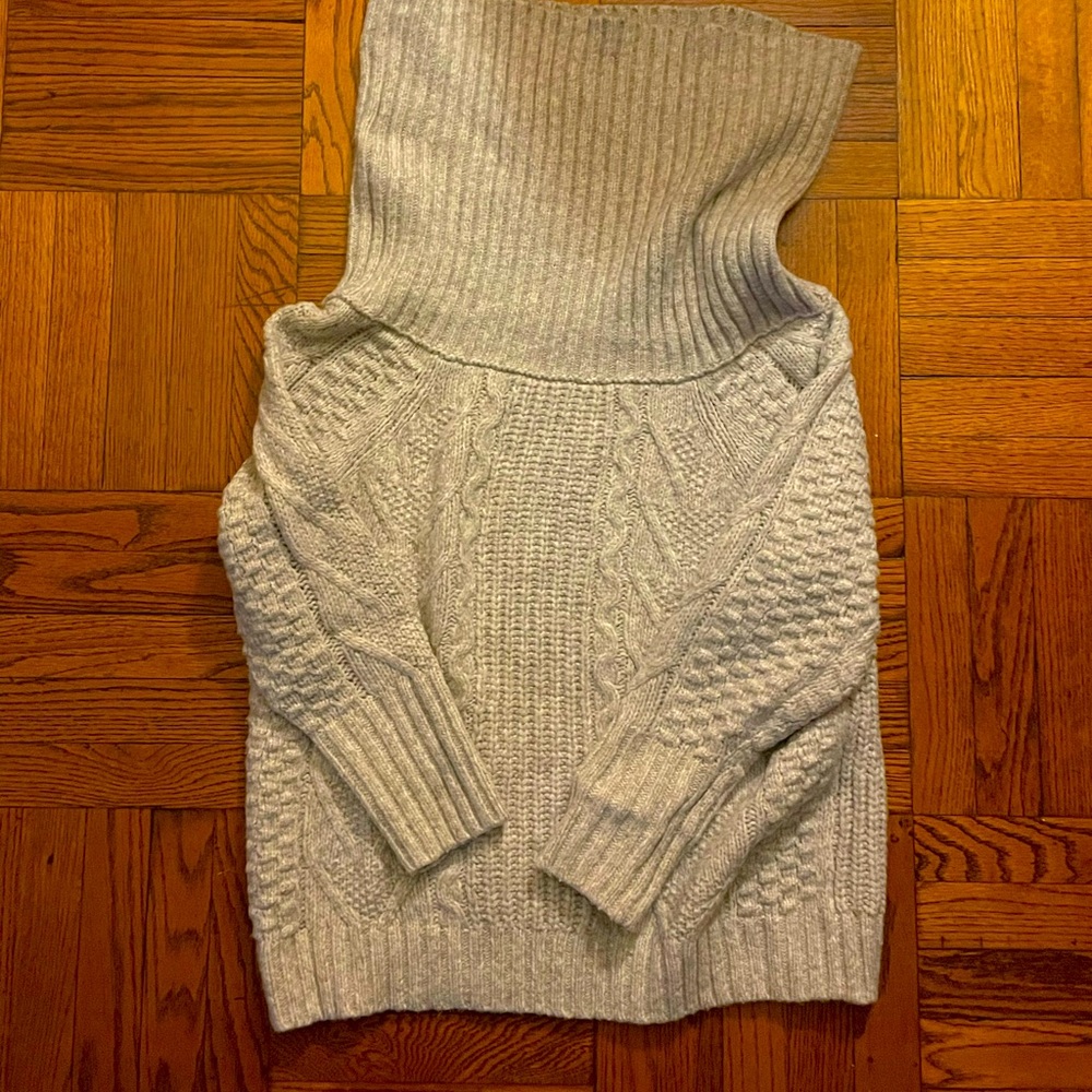 Cable knit sweater, 3/4 sleeves, cowl neck, size Medium.